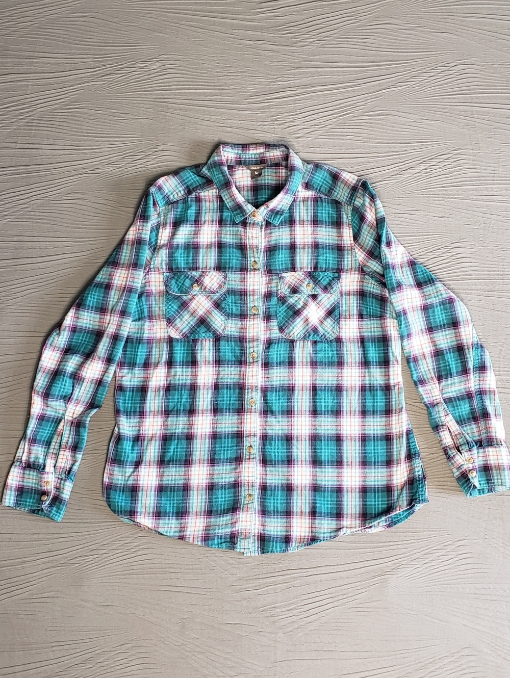 EDDIE BAUER Women's Plaid BD LS 2-Pocket Flannel Shirt (L) Teal/White